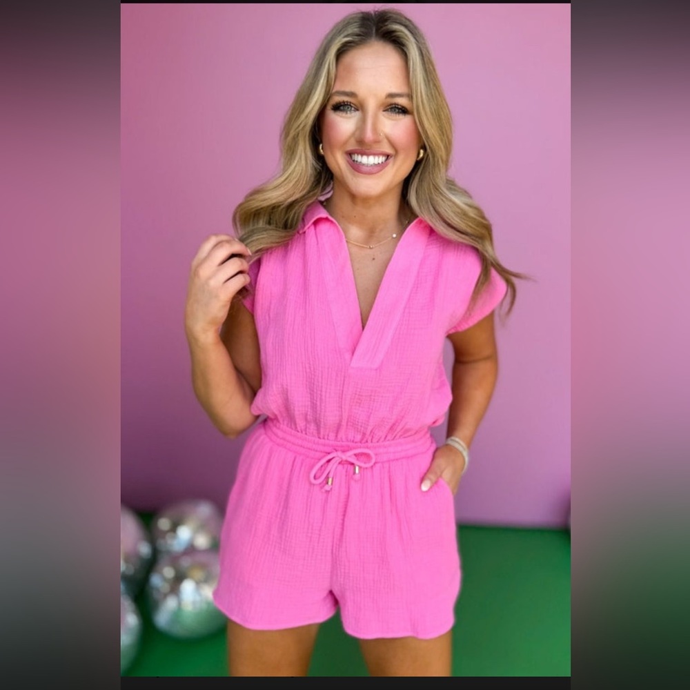 Pink Collard Short Sleeve Elastic Waist Open Back Romper